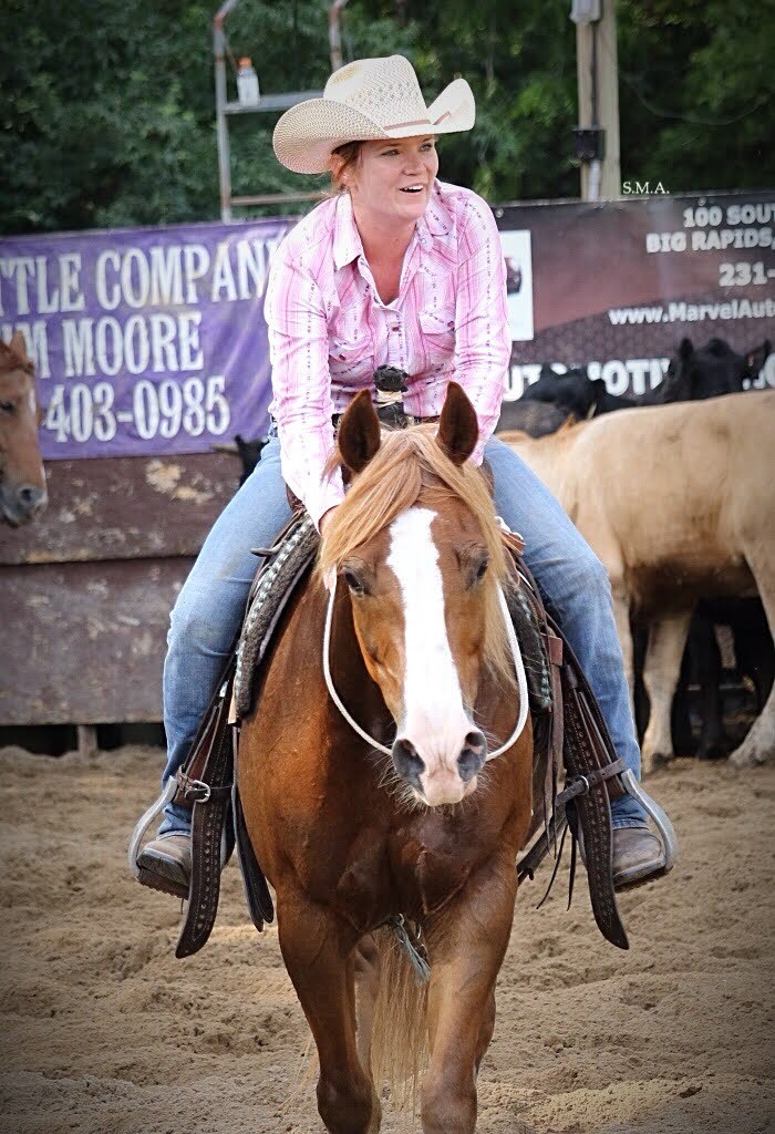 Rider in a pink shirt on a chestnut horse in an arena